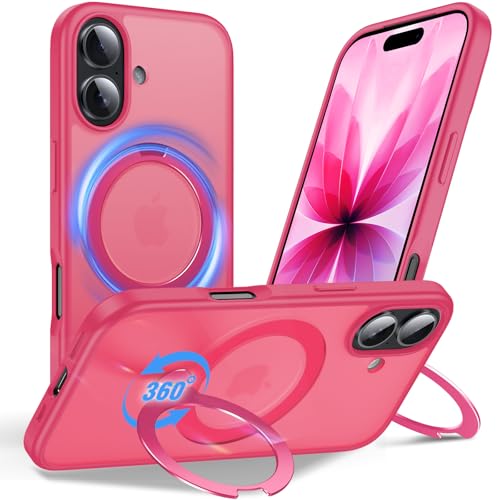 Coque iPhone 17 avec anneau rotatif 360° et protection antichoc rose rouge