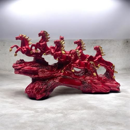 Image of 7 Horse Idol for Vastu | Seven Running Horses Showpiece for Home Decor | Decorative Statue for Good Luck & Prosperity | Resin Vaastu Gift for Living Room or Office (Red)