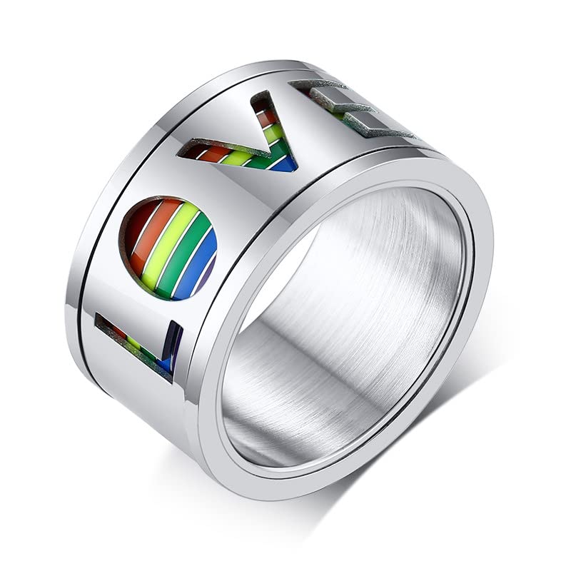 Asma Jewel HouseStainless Steel Rainbow LGBT Pride LOVE Letter Ring for Gay & Lesbian Love Jewelry Wedding Band