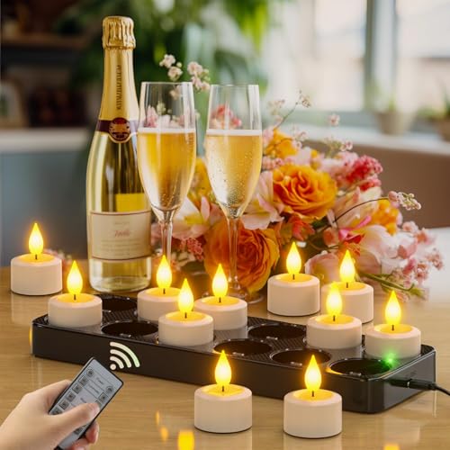 SoulBay Flameless Candles with Remote Control Timer & Charging Base, 12pcs USB Rechargeable Battery LED Tea Lights Candles Small Votive for Lantern Pool Mantle Weddings Emergency Christmas Decorative - Image 4