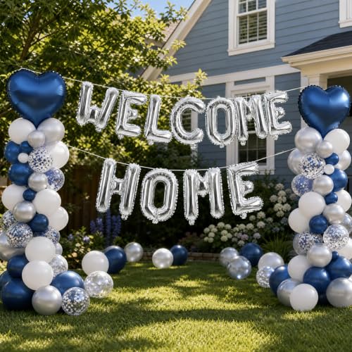 Image of TONIFUL 16 Inch Silver WELCOME HOME Foil Letter Balloons with 2pcs Dusty Blue Heart Balloons for New Home Housewarming, Military Homecoming, Retirement, Welcome Back Party Decorations