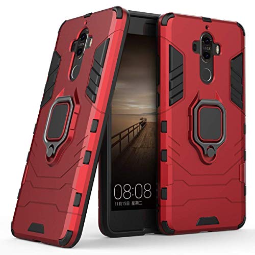 Compatible con Huawei Mate 9 Funda, Anillo Metálico Sujeción Soporte Antichoque Rígido Caja (Funciona con el Montaje de Coche Magnético) Doble Capa Sólido Case Carcasa para Huawei Mate9 (Rojo)