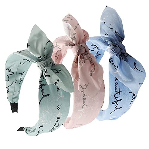 Wide Bow Headband for Women Fabric Hair Band Elastic Head Wrap Cute Knot Hair Accessories for Women and Girls (3WBLetterBlue)