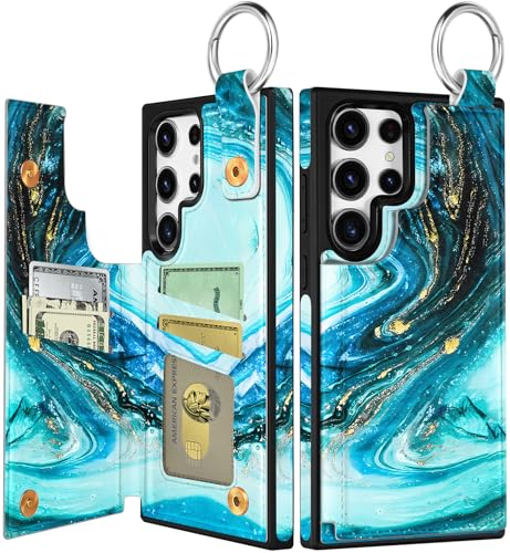 Shorogyt for Samsung Galaxy S24 Ultra Wallet Case, Cyan Marble