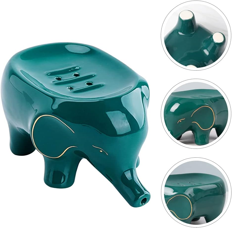 Ceramic Soap Dish Elephant Soap Holder Self Draining Dishes Saver Container Holder for Shower Bar for Bathroom (Green)