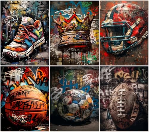 6 Pack ball games Diamond Art Kits for Adults 5D DIY graffiti style Diamond Painting Kits for Beginner Diamond Dots Full Drill Crafts for Gem Art for Adults Home Wall Decor for Boys Girls 12x16 inch