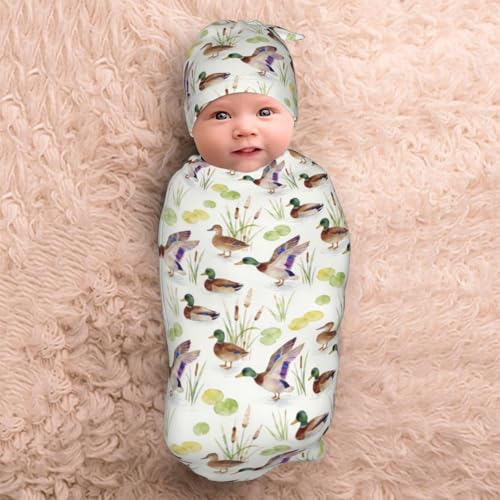 Image of Lcokin Mallard Duck Baby Stuff Swaddle Blanket Hat Set, Newborn Receiving Blanket Shower Gift for Boys Girls