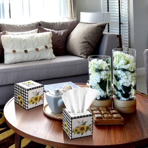 Image of Fourluoo 12 Pack Summer Sunflower Plaid Tissue Cube Boxes 600 Sheets 3 Ply | Black and White Buffalo Plaid Sunflower Design Face Tissues Bulk for Car Bedroom Office, Disposable Supply, Cube Holders