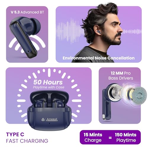 Image of AROMA TWS19 Power V5.4 True Wireless Earbuds, Dazzling Blue | up to 60H Playtime, ENC, Fast Charging, Heavy Bass, Bluetooth