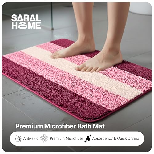 Image of Saral Home Microfiber Striped Rectangle Shaped Anti-Skid Bath Mats | Soft & Super Absorbent Mats for Shower | Washable, Non-Slip & Quick-Drying Mats, 50X70 CM | Pack of 2 (Pink)