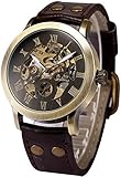 Mens Steampunk Skeleton Case Automatic Mechanical Brown Brown Leather Sport Wrist Watch
