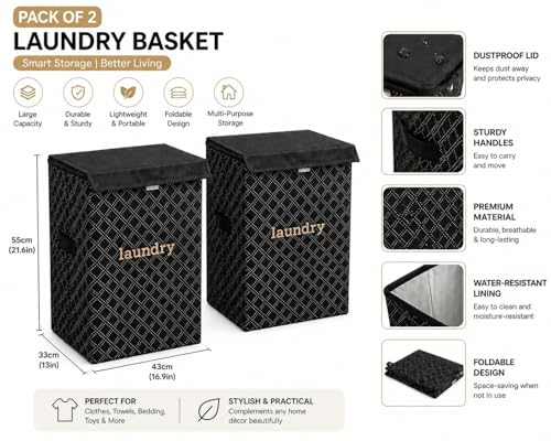 Image of QUAIL 75L Foldable Laundry Basket with Lid for Clothes | Laundry Storage Bin with Handles | Waterproof, Collapsible Laundry Hamper for Bedroom, Bathroom & Home Use (Set of 2, Black Pattern Design)
