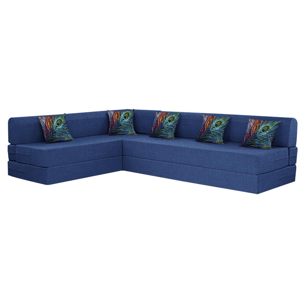 Dr. Smith Folding L Shape Sofa Cum Bed | 3 Seater + 3 Seater | Sofa Bed with 5 Printed Cushion Jute Fabric - Blue Color - Lightweight, Washable Cover (B0DHS29GCZ) Amazon Price History, Amazon Price Tracker