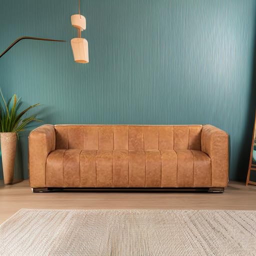 Image of POLY & BARK Canale Sofa - 86 inch Channel-Tufted Italian Leather Couch - Cognac Tan Full-Grain Pure-Aniline or Semi-Aniline Leather, Solid Wood Frame & Legs