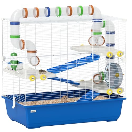 PawHut Hamsterkäfig für Zwerghamster 4 Etagen Kleintierkäfig Mäusekäfig mit Zubehör Laufrad und Futternapf, groß Käfig Nagerkäfig Blau 78 x 45 x 73 cm