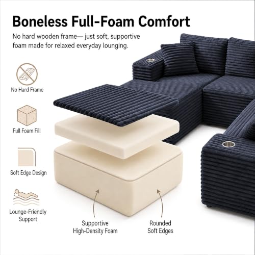 Image of 122 inch Oversized Cloud Sectional Couch for Living Room, 7 Seater U Shaped Sofa Modular Boneless Couch with Chaise | Deep Seater | Cup Holder | Side Pocket | No Assembly | Plus Corduroy, Dark Gray
