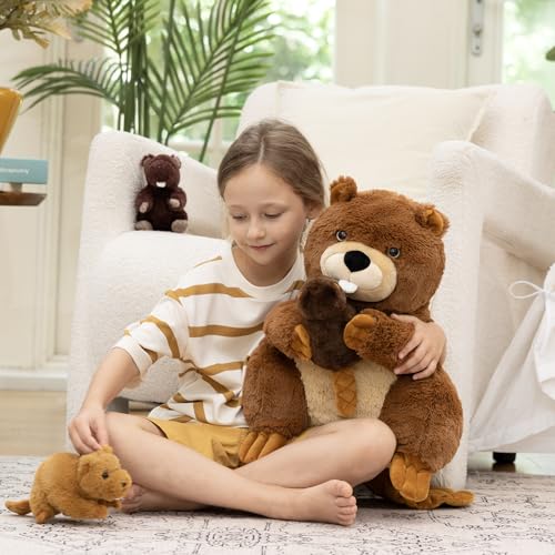 Image of MaoGoLan 4Pcs Beaver Stuffed Animals with Three Babies Inside,17.7 inch Fluffy Giant Beaver Plush Gift,Funny Beave Plushie Woodland Toys for Kids,Teens,Baby Shower,Christmas