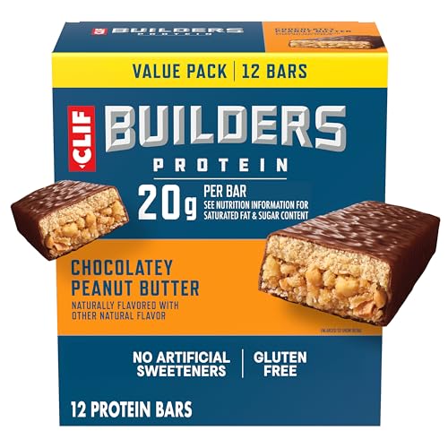 CLIF BUILDERS Protein Bars - Chocolatey Peanut Butter - 20g Plant Based Protein - Gluten Free - Non-GMO - Low Glycemic - No Artificial Sweeteners - 2.4 oz. (12 Pack)