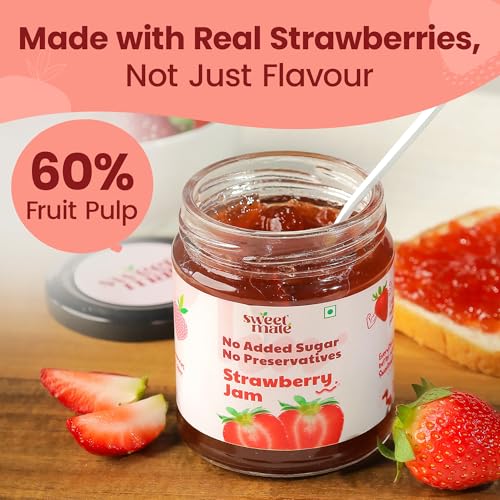 Image of Sweetmate Strawberry Jam - 220g | No Added Sugar | 100% Pure Fruit Pulp & Healthy Fiber | No Preservatives, Colors & Artificial Flavors | Diabetic & Keto Friendly Jam (Pack of 2)
