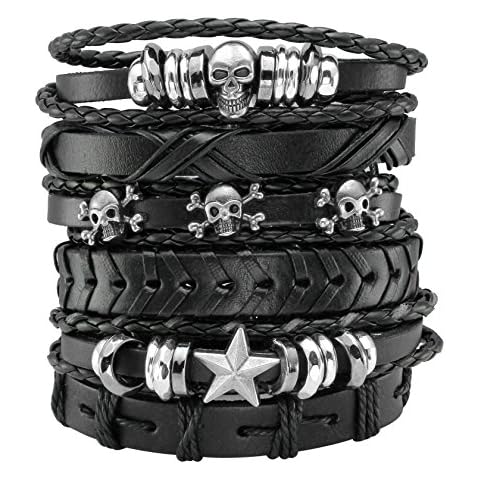 MILAKOO 6Pcs PU Leather Bracelet Braided Rope Women Men Punk Rock Gothic Skull Bracelet Cover