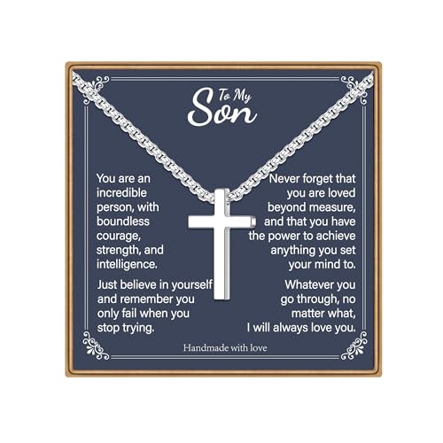 IEFLIFE Cross Necklaces Gifts - Cross Necklaces Gifts for Men Him, Silver Box Chain Stainless Steel Cross Necklace Jewelry Anniversary Birthday Gift for Dad Husband Son Grandson Gift