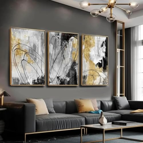 Tableau abstrait salon noir et blanc XINBAO triptyque cadre 80x110 - 2