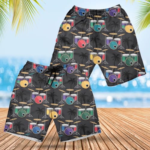 Music Lover Men's Swim Trunks - Drum Mens Swim Trunks with Mesh Lining Swimwear Bathing Suits Set 042