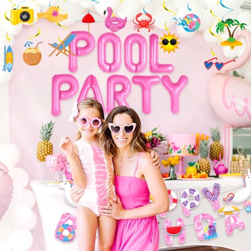 Image of Pink Pool Party Birthday Decorations, Summer Tropical Flamingo Hanging Swirl Streamers, Pool Party Foil Balloon Banner, Teen Girls Bachelorette Swimming Pool Happy Birthday Party Supplies