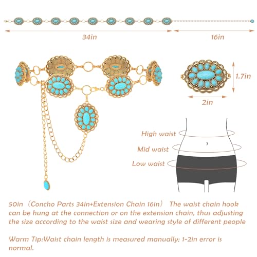Western Turquoise Belt for Women Boho Cowgirl Concho Metal Belt for Country Concert Outfit Vintage Jewelry4