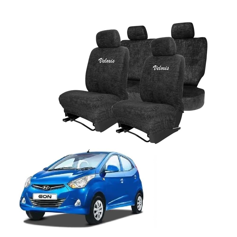 Cotton Towel Readymade Towel Car Seat Cover for Hyundai Eon5-Seater (Black),Front and Rear Protection, 6 piece Set-image-45