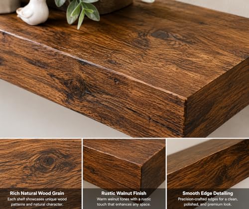 Image of Genuine Decor Solid Sheesham Wood Floating Shelves for Wall, Set of 3 (27 Inch) - Rustic Wall Mounted Ledge Shelf with Gloss Finish for Living Room, Bedroom, Bathroom & Kitchen Decor