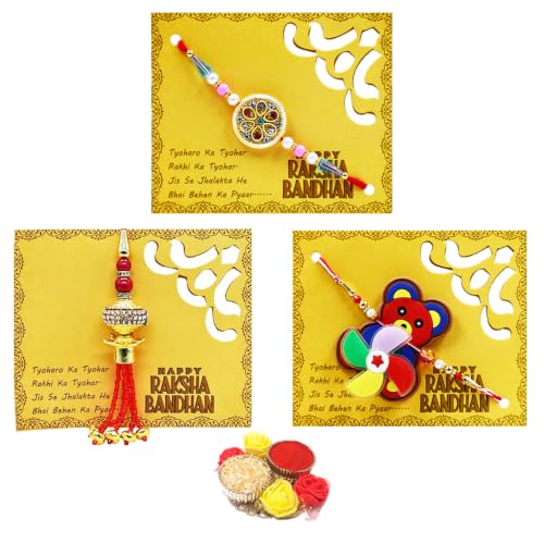 Image of Saugat Traders Mens Family Rakhi Combo For Bhaiya-Bhabhi And One Kid With Decorative Roli Chawal Chopra-Cartoon -Lumba-Designer-Bhai Nephew Bhatija, Set Of 3