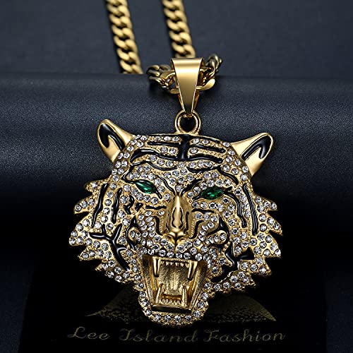Cjiepeic Cz Fully Roaring Tiger Head With Green Eyes Pendant Punk Rock Stainless Steel Necklace, 24 Inch 7Mm Chain For Men Hip Hop Animal Jewelry #TOP1