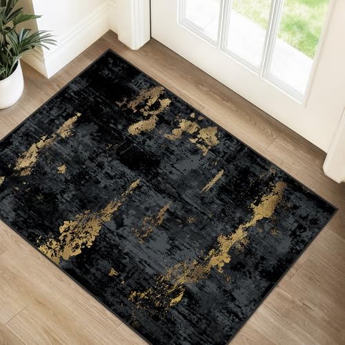 Washable Area Rugs 2'x3' Non-Slip Modern Abstract Soft for Living Room Entryway Bedroom Nursery, Print Pattern, Dark Black Gold