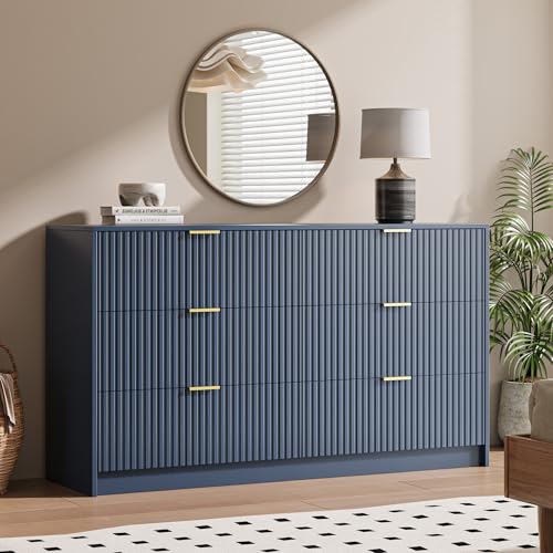 Image of MAISONARIA 6 Drawer Dresser for Bedroom, 55 inch Wide Modern Chest of Drawers with Gold Metal Handles, Fluted Wood TV Stand for Living Room, Hallway(Navy Blue)