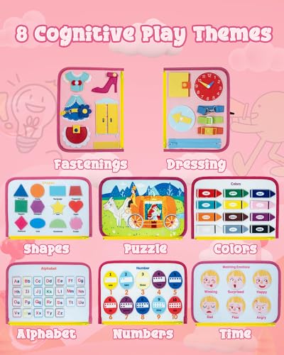 Image of Pink Montessori Busy Board for Toddlers,8-Page Sensory Activity Book for Fine Motor Skills & Basic Dress Learning, Portable Travel Toy for Preschool Kids, Portable Travel Gift for Preschool Girls