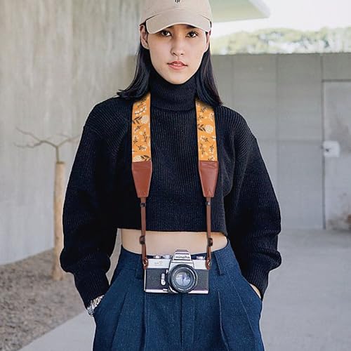 Image of Padwa Lifestyle Camera Strap - 2 inch Full Grain Leather Ends Camera Straps for Photographers, Vintage Embroidered Cotton Weave Soft Suede Fabric Padded Strap Quick Release fits All Cameras