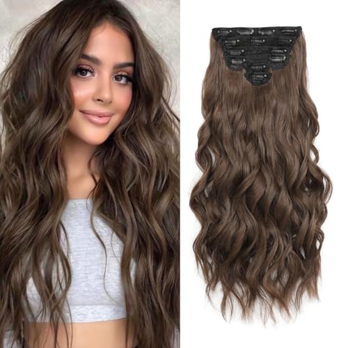 Clip in Hair Extensions, 24 Inch Light Brown Long Wavy Hairpieces Clip Ins