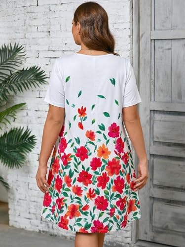 Image of AusLook Plus Size Midi Dress for Women Casual Summer Short Sleeve A Line Swing Dress with Pocket Round Neck Flowy Dress 1X-5X