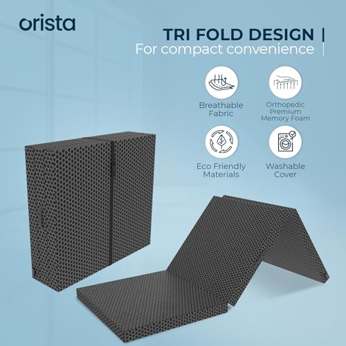 Image of Orista Tri-Fold Foldable Orthopedic Foam Mattress Single Bed | 75x30x2.5 Inch | Compact & Portable, 3-Fold Design | Perfect for Floor Sleeping, Guests, and Travel | Black Jacquard