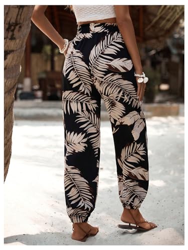 MakeMeChic Women's Summer Beach Tropical Printed Pants Hawaiian Palazzo Jogger Pant High Waist Trousers2
