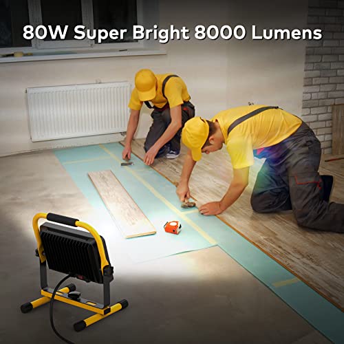 Led Work Light 80W 8000Lm 19.7Ft Power Cord, Omarsou Garage Lamp Work Flood Light With Stand, Ip65 Waterproof, 5000K Daylight Outdoor Portable Job Site Lighting For Workshop Garage Construction Site #TOP1