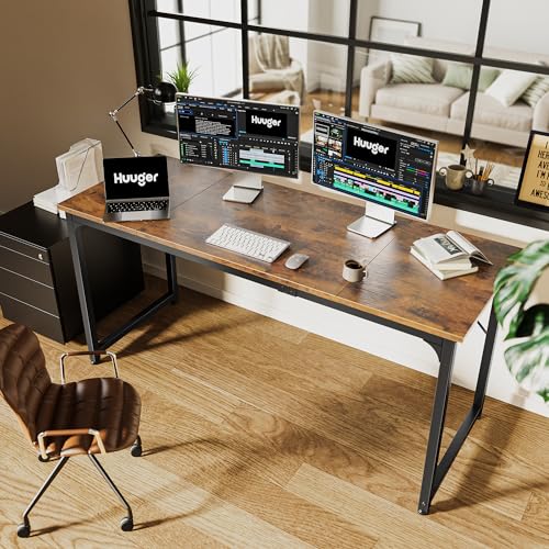 Huuger Computer Desk, 63 Inch Office Desk, Gaming Desk with Storage, Writing Desk Work Desk for Home Office, Study, Modern Simple Desk, Large Legroom, Metal Frame, Rustic Brown