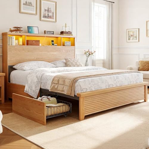 MSmask Queen Bed Frame with Bookcase Storage Headboard, Wooden Bed Frame with LED Light, Charging Station, and 4 Drawers, Mid Century Modern Platform Bed, No Box Springs Needed, Natural
