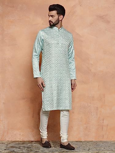 Image of KISAH Men's Navy Blue Printed Cotton Kurta - Regular Fit Long Tunic with Mandarin Collar | Ethnic Wear for Weddings & Festive Occasions