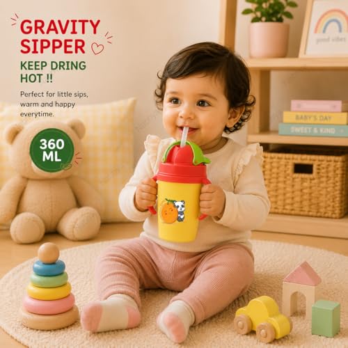 Image of Nabhya Inner Stainless Steel & Outer Plastic 360ml BPA-Free Cute Animal Design Baby Sipper Kids Water Bottle with Straw and Side Handle for Kids (Pink)