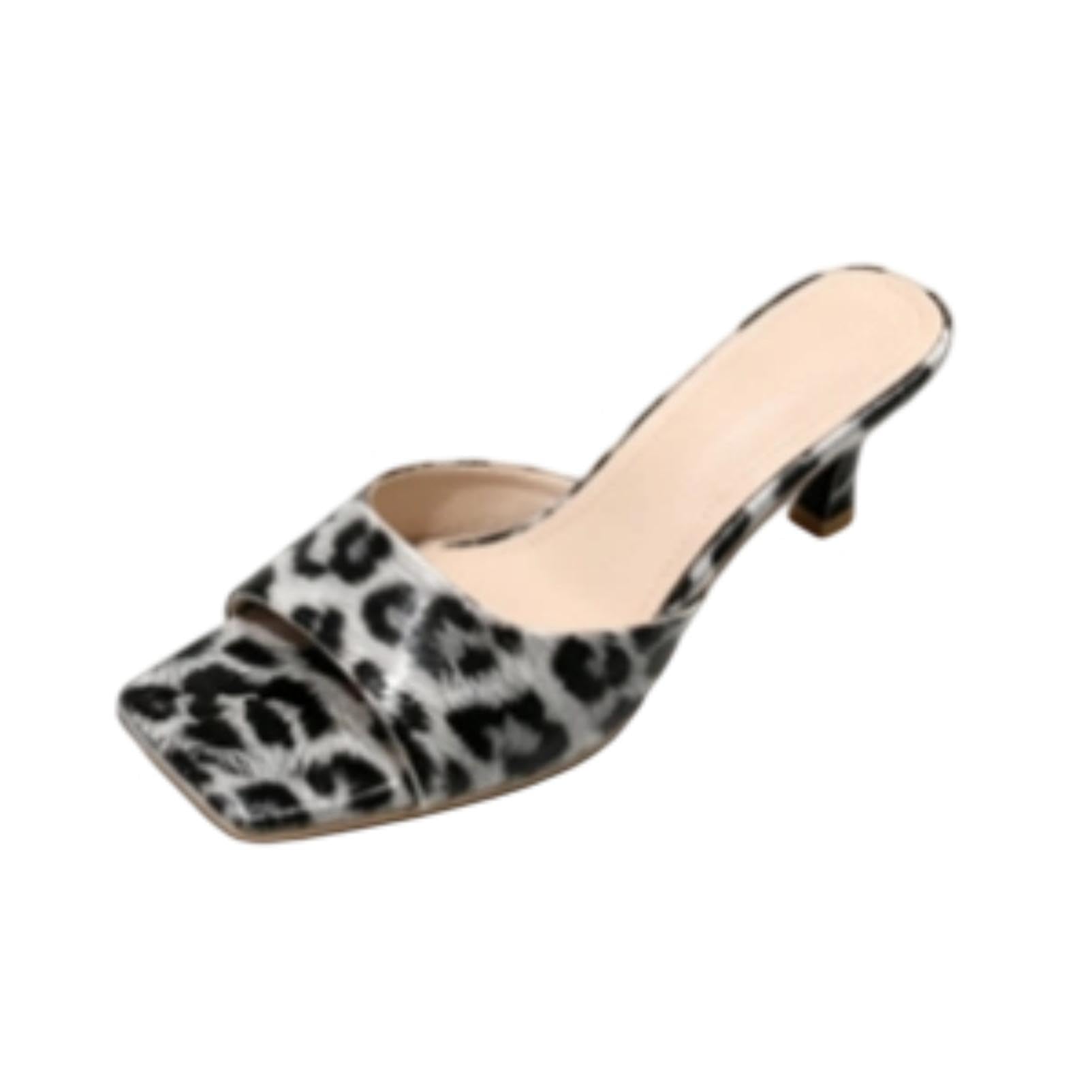 Generico Sandali Mule Donna Punta Quadrata Leopardo Tacco Basso | Sandali Mules Con Punta Aperta E Quadrata Stampa Leopardata Infilabili Tacco Kitten Basso Calzature Moda Selvaggia