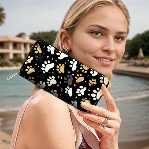 Image of RFID Blocking Leather Wallet for Women - Large Capacity Zip Around Clutch with 8 Card Slots,19 Cash Pockets & Coin Zipper,Cute Dog Paw Prints