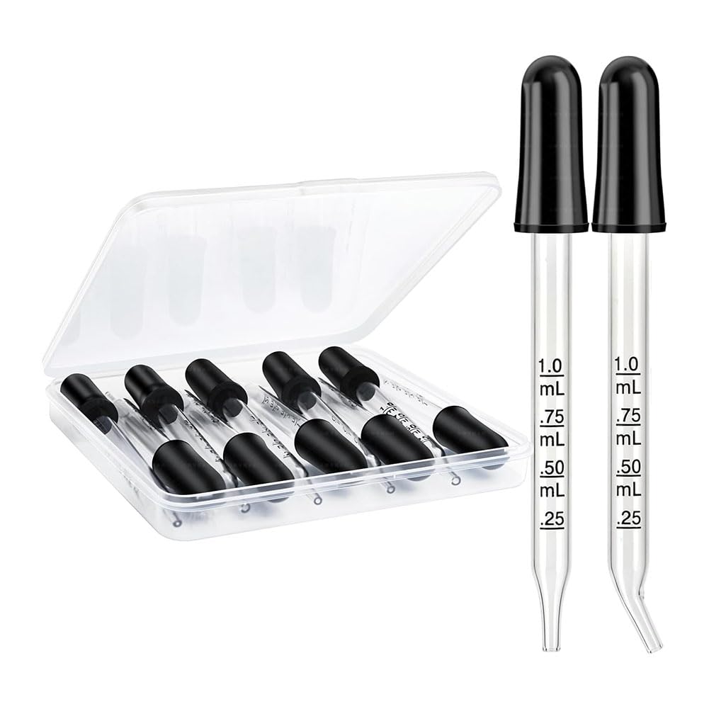Orolotay Pack of 10 Glass Pipettes - Curved and Straight Tips, 1 ml Pipette Dropper for Crafts, Measuring and Eye Dropper
