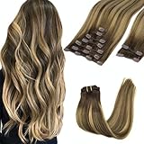 GOO GOO Clip in Hair Extensions Real Human Hair, Remy Human Hair Extensions Clip ins for Women, Natural Human Hair, 16inch 150g 9Pcs, 4/27/4 Balayage Chocolate Brown to Caramel Blonde